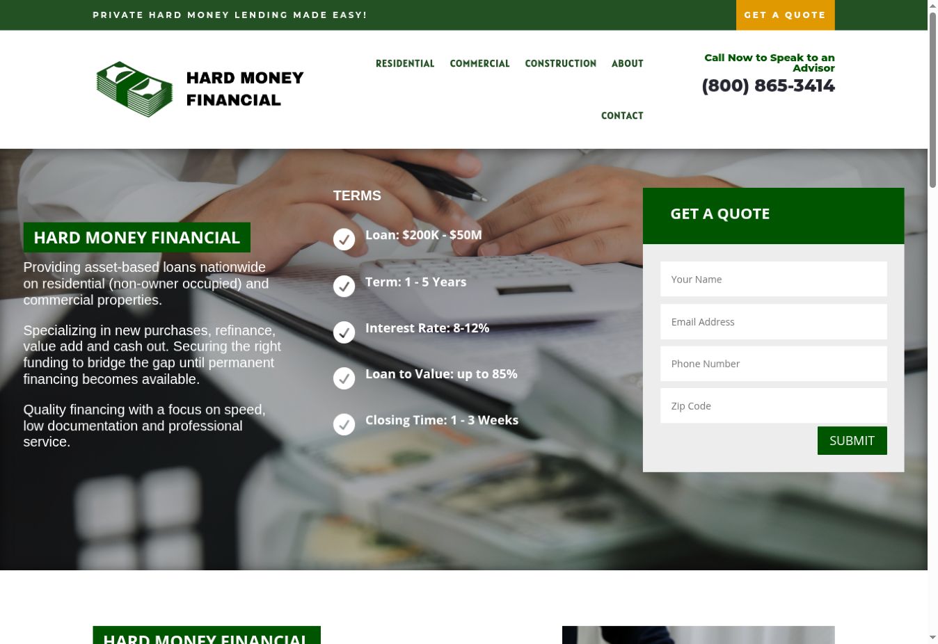 Hard Money Financial website desktop preview